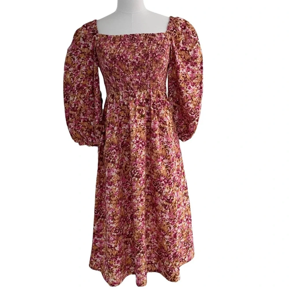 J. Crew Smocked Puff-Sleeve Dress in Pink Faded Floral Size Small NWT